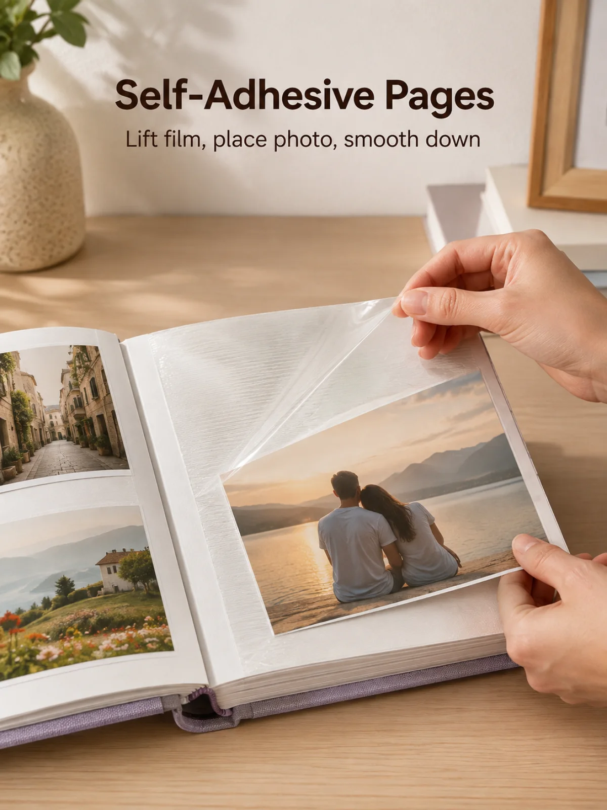 Self-adhesive photo album page with clear overlay film lifted for photo placement
