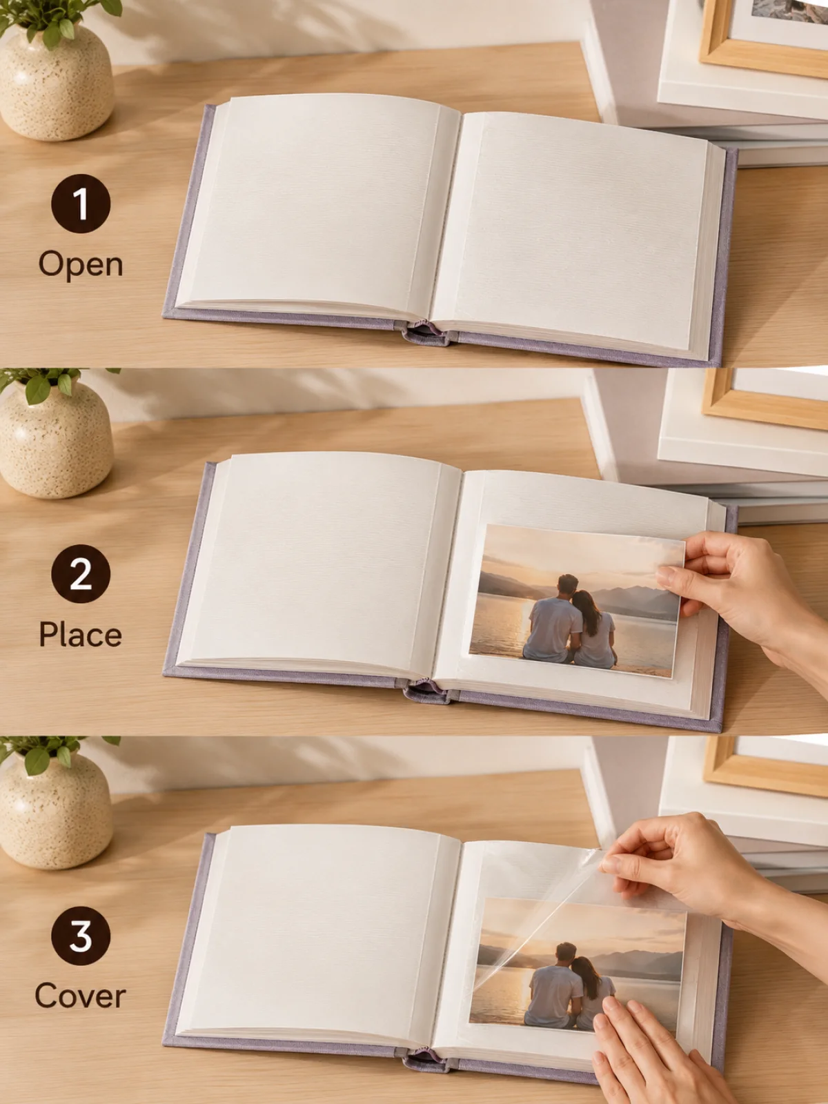 Three step open place cover guide for self-adhesive photo album pages