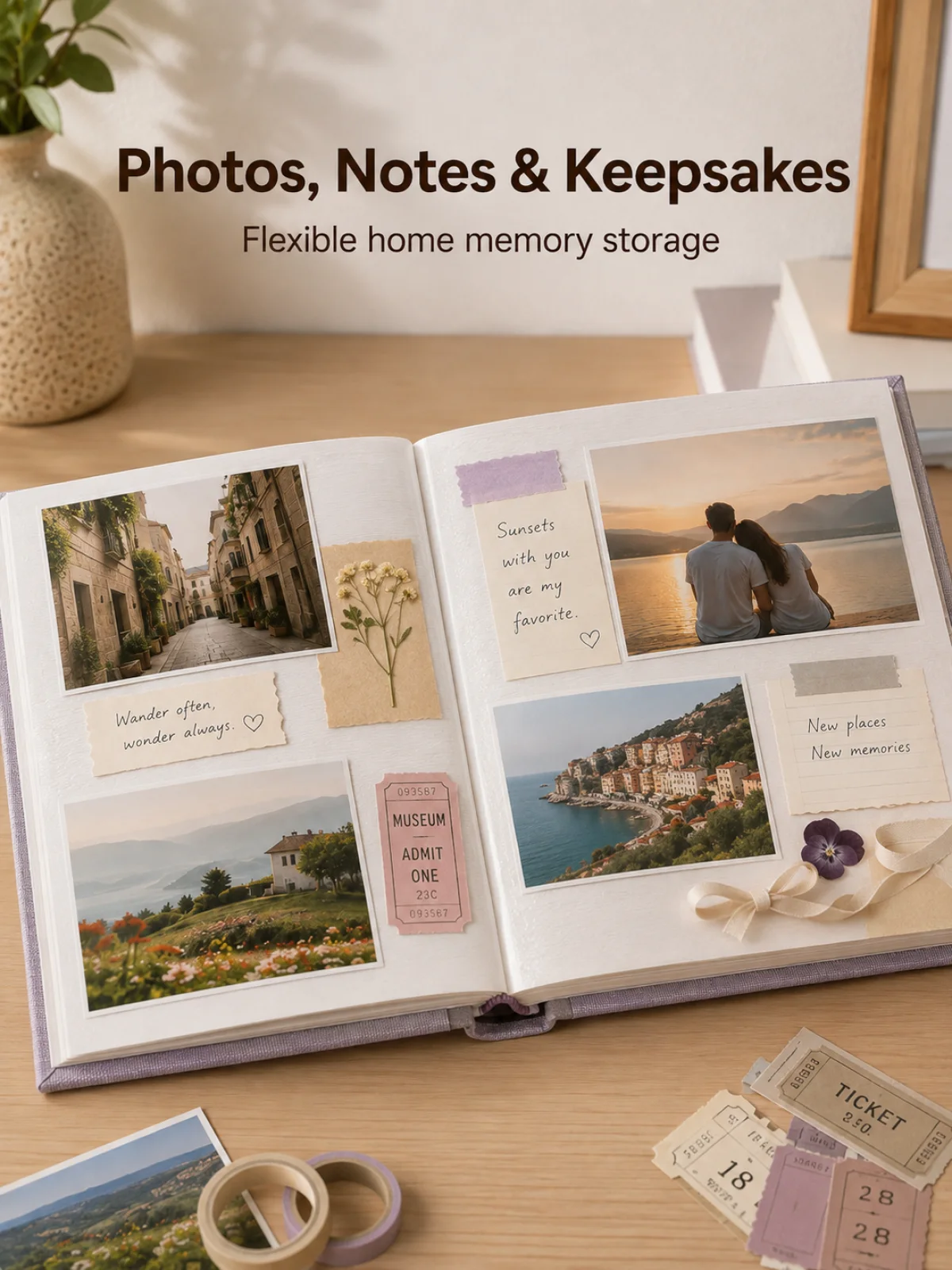 Self-adhesive album spread for photos notes tickets and flat keepsakes