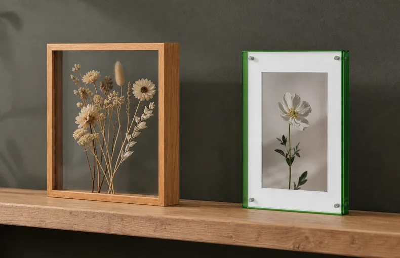 Caja marco o marco acrílico: ¿exponer flores secas o una fotografía?