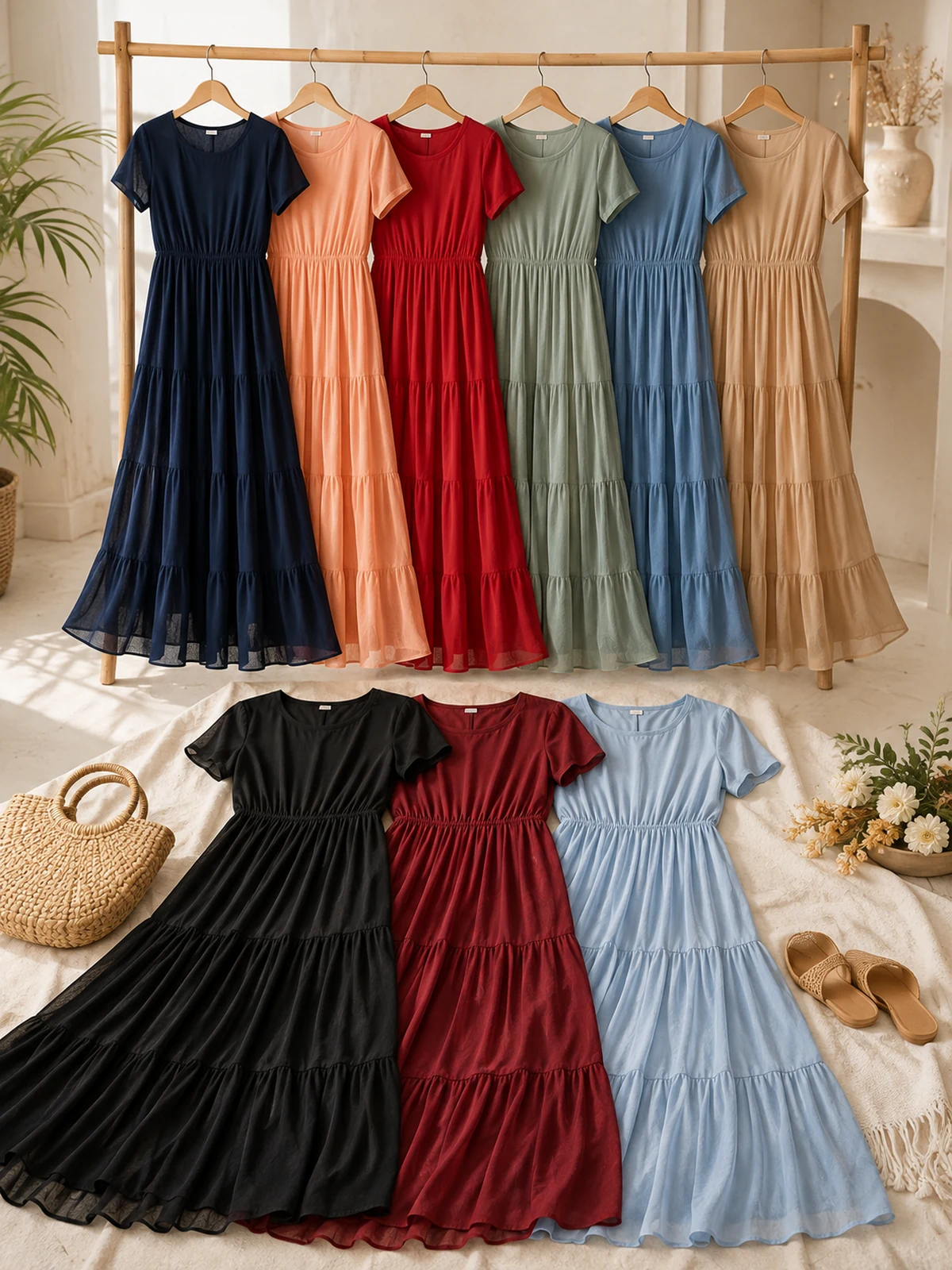 Alltagsszene für Kurzarm-Chiffon-Maxikleid mit Taschen