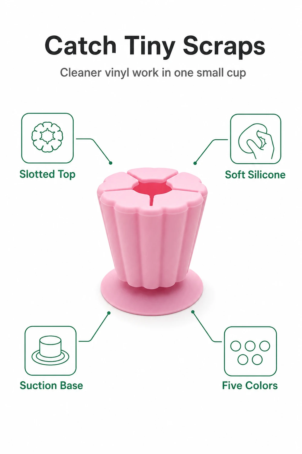 Pink vinyl scrap collector with diagrams of its slotted top and suction base