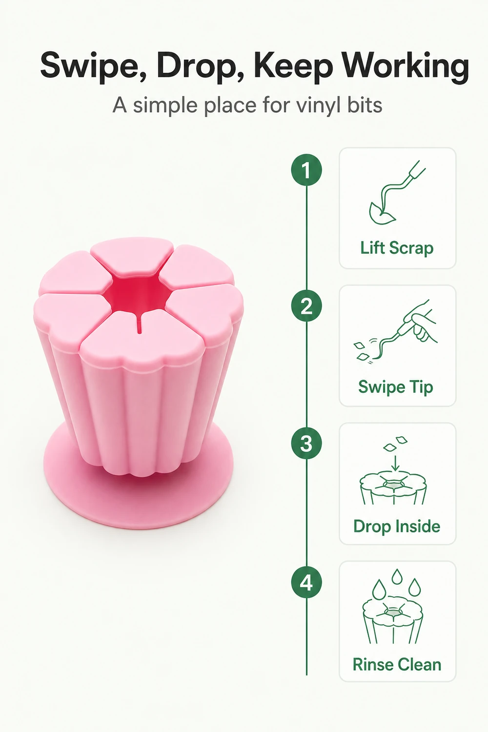 Sequence showing a pink scrap collector lifting, sweeping, dropping and rinsing scraps