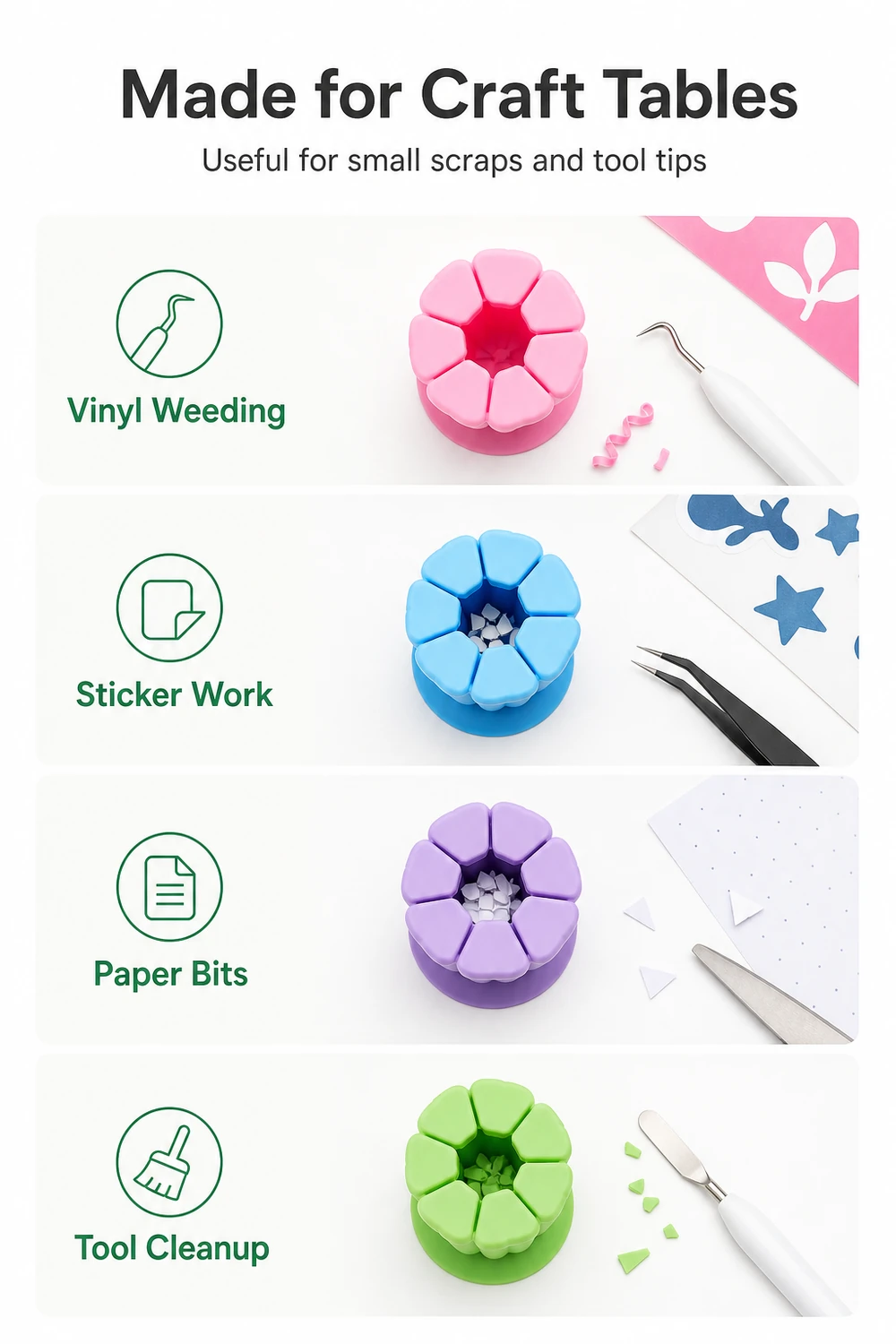 Four colored flower-shaped scrap collectors beside craft scraps and tools