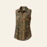 Ärmellose Bluse mit Knopfleiste, spitzem Kragen und ornamentalem Druck in Grün, Gold und Rot