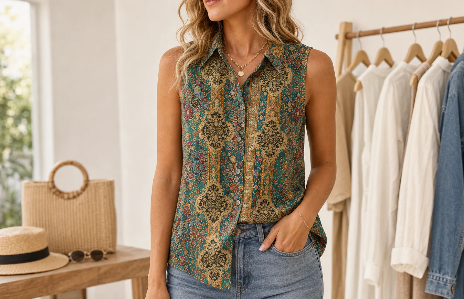 sleeveless floral button down blouse styled with simple trousers for warm work and travel outfits