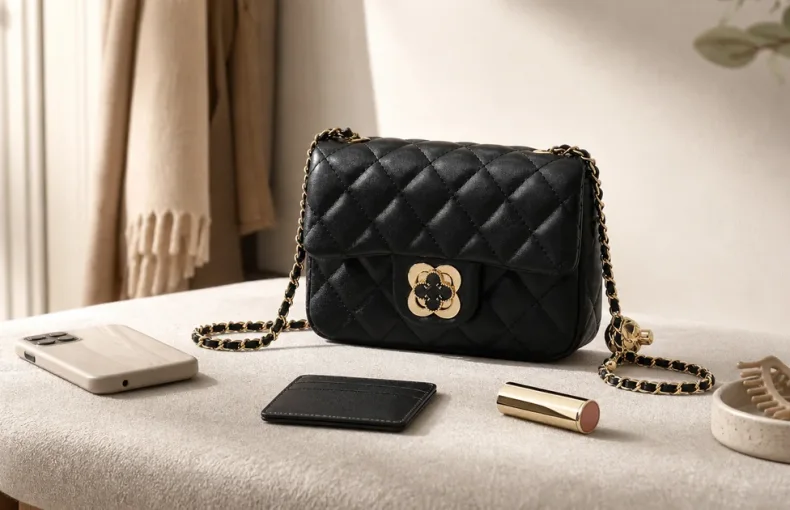 Small Quilted Chain Crossbody Bag with Clover Clasp: Size Guide