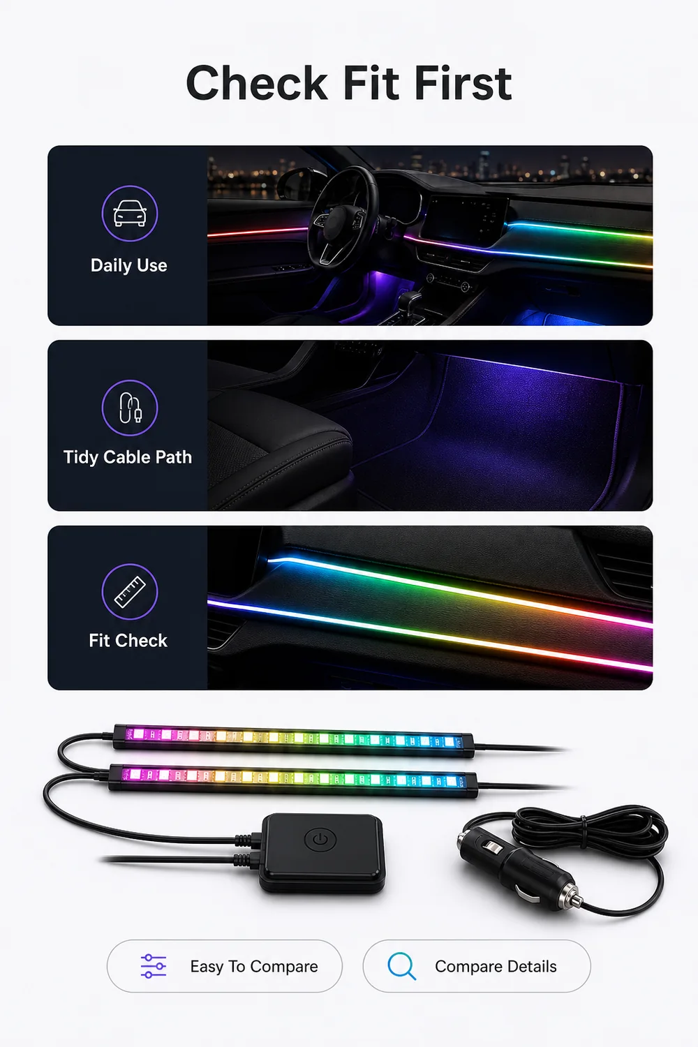 Two-line RGBIC car interior light kit designed for soft cabin ambience