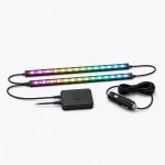 Two multicolor car light strips with connecting cables, a square controller and car power plug.