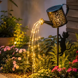 Guia de luz solar para jardim em regador com silhueta de gato