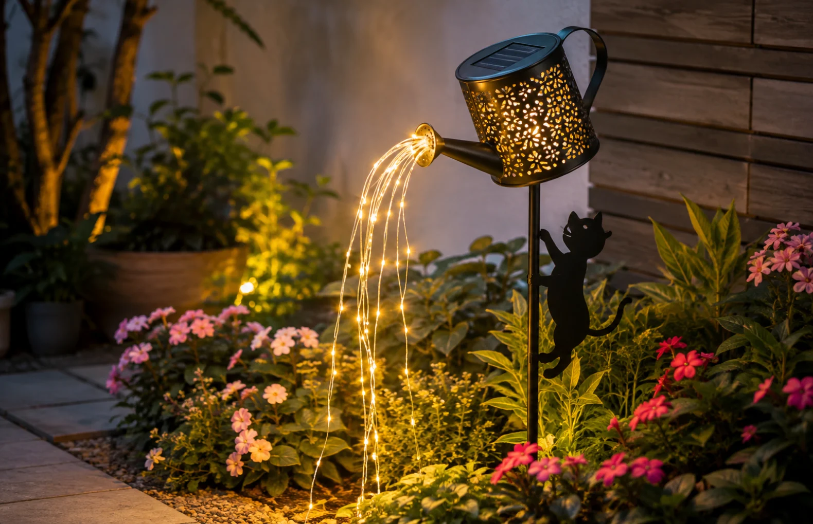 Solar Watering Can Garden Light Guide for Patio Corners, Flower Beds and Cat Silhouette Decor