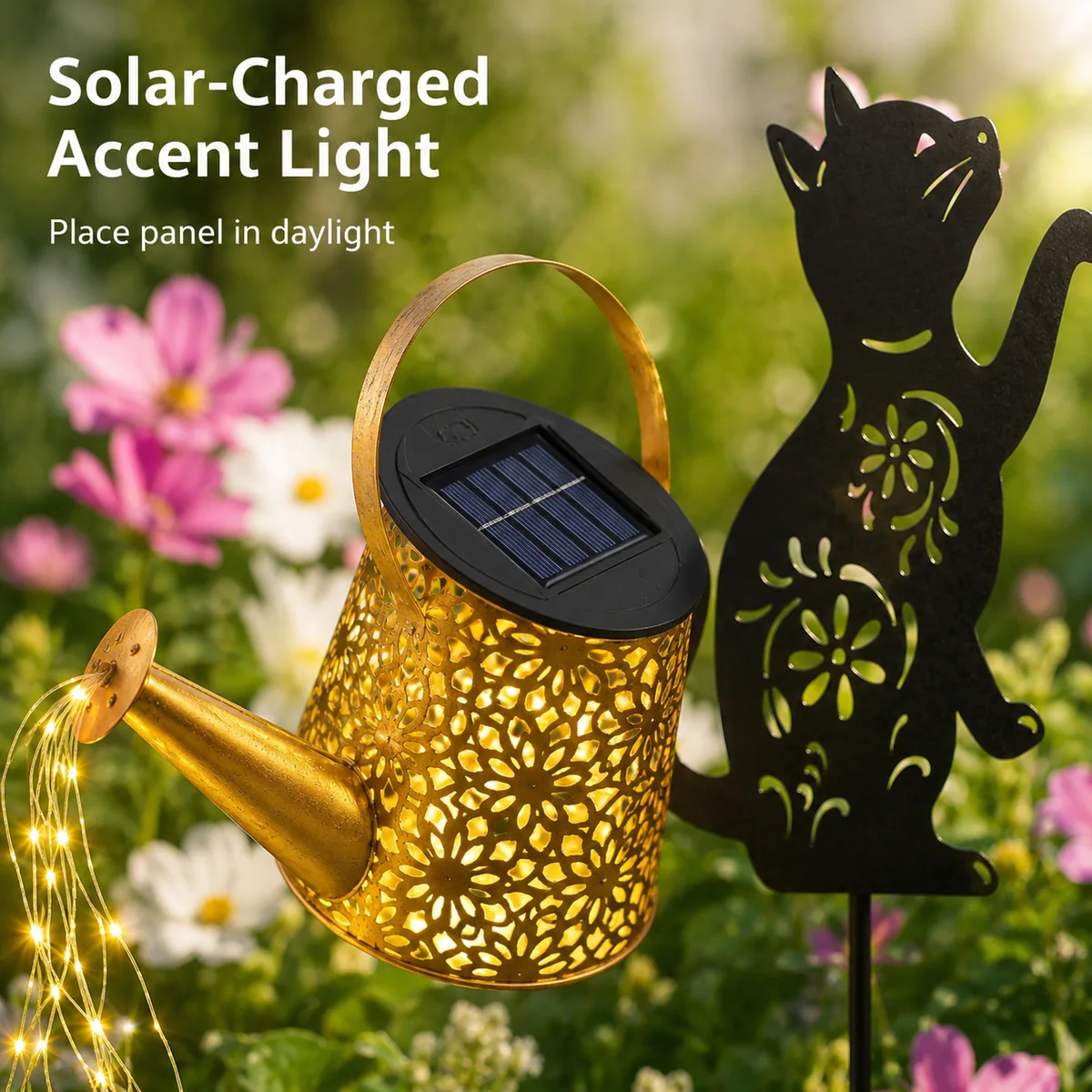 Detail image for Solar Watering Can Garden Light with Cat Silhouette