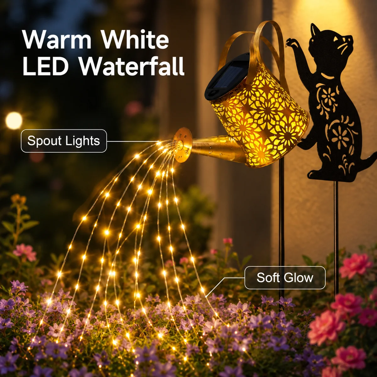 Size or use detail for Solar Watering Can Garden Light with Cat Silhouette
