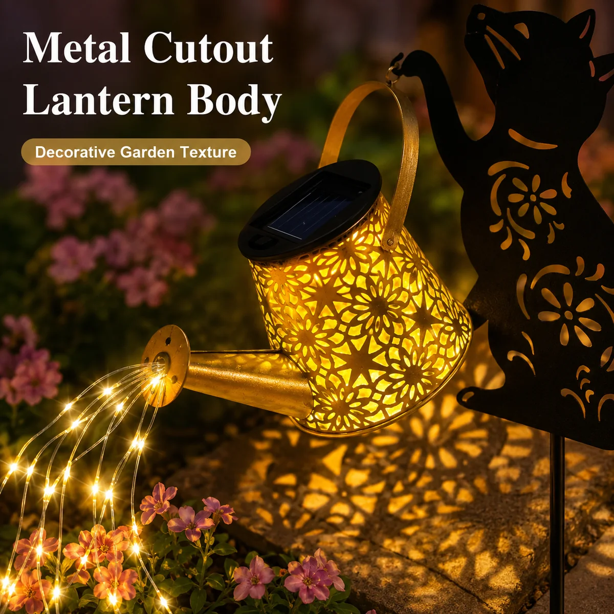 Material and structure detail for Solar Watering Can Garden Light with Cat Silhouette