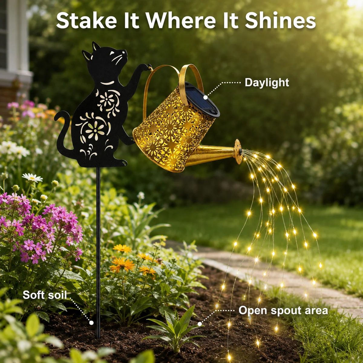 Everyday use scene for Solar Watering Can Garden Light with Cat Silhouette