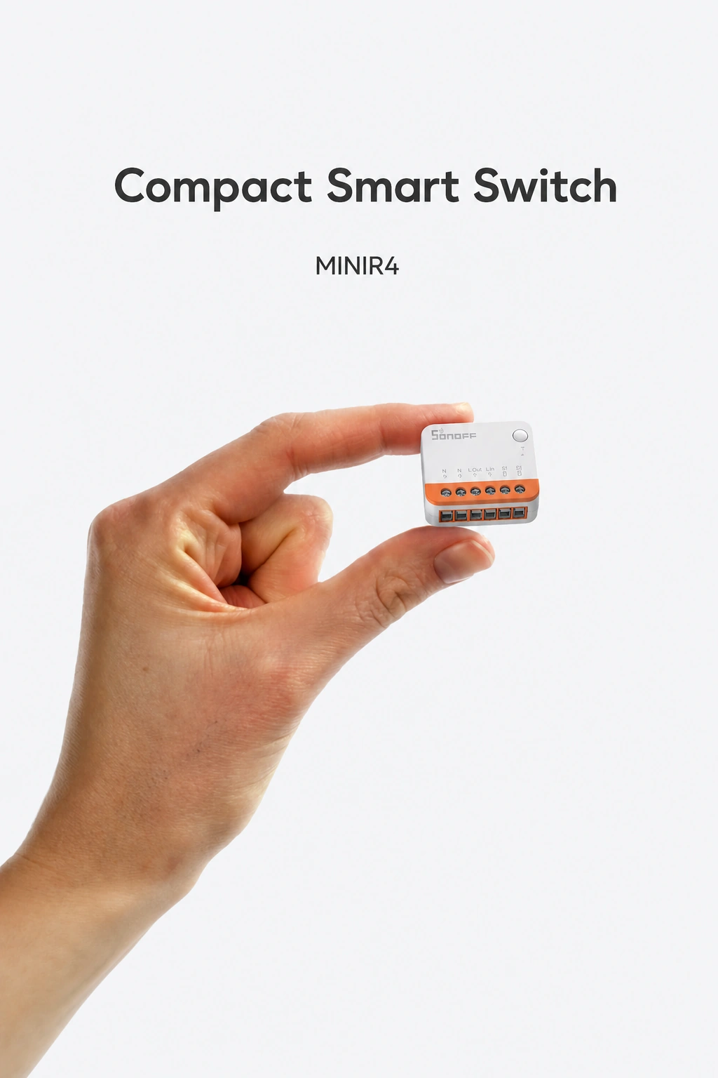 Hand holding a small MINIR4 below the heading Compact Smart Switch