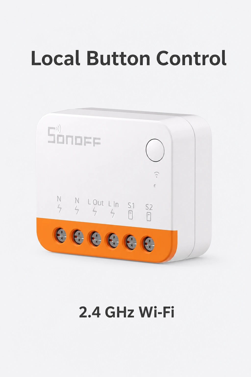Round control button and orange terminals below Local Button Control and 2.4 GHz Wi-Fi