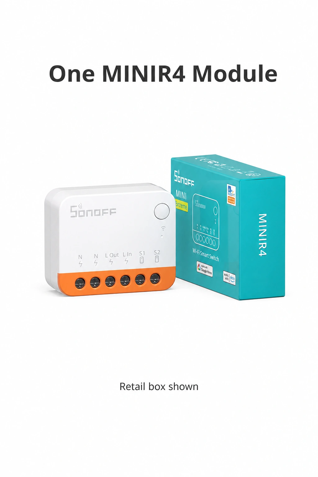 One MINIR4 and a turquoise retail box beneath One MINIR4 Module