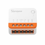 White MINIR4 module with orange six-terminal strip and round button on a white background