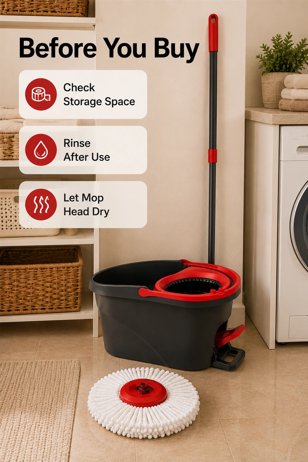 Spin-Mop-Kaufcheckliste für Aufbewahrung Spuelen und Trocknen