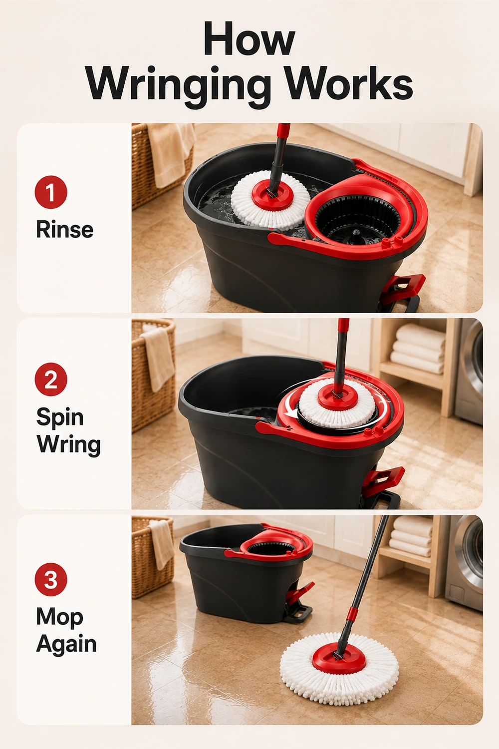 Spin-Mop-Auswringen mit Spuelen Schleudern und erneutem Wischen