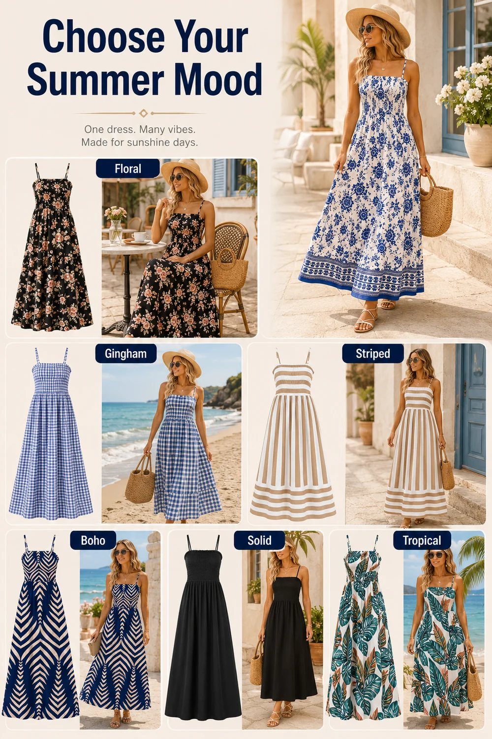 Guida stampe del vestito maxi boho estate con fiori vichy righe boho tinta unita e tropicale