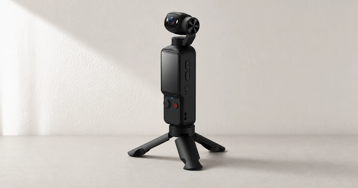 Illustration générée par IA d’une caméra de poche noire sur son trépied pliant, sur une table neutre.