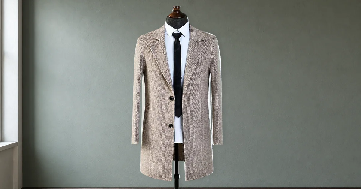 Herringbone coat with two front buttons displayed on a mannequin