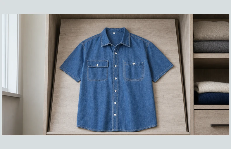 Men's Short-Sleeve Denim Shirt: Pocket Details and Size-Chart Checks