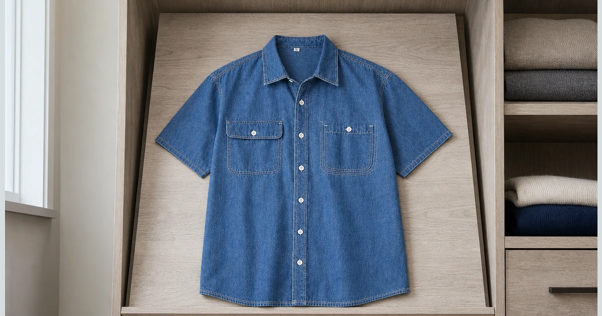 Blue short-sleeve denim shirt with two different chest pockets in an AI-generated wardrobe scene