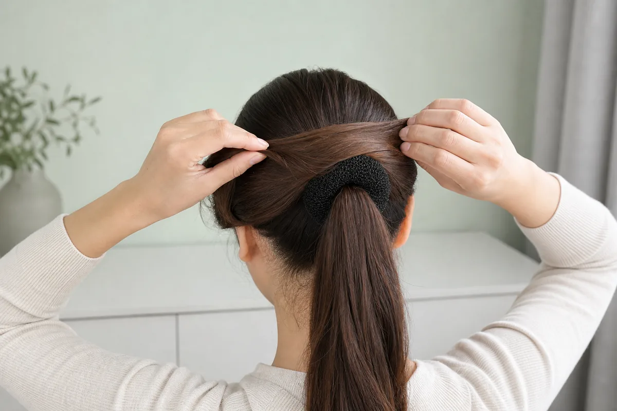 Una mujer cubre con su cabello castaño un donut negro de espuma para moños.