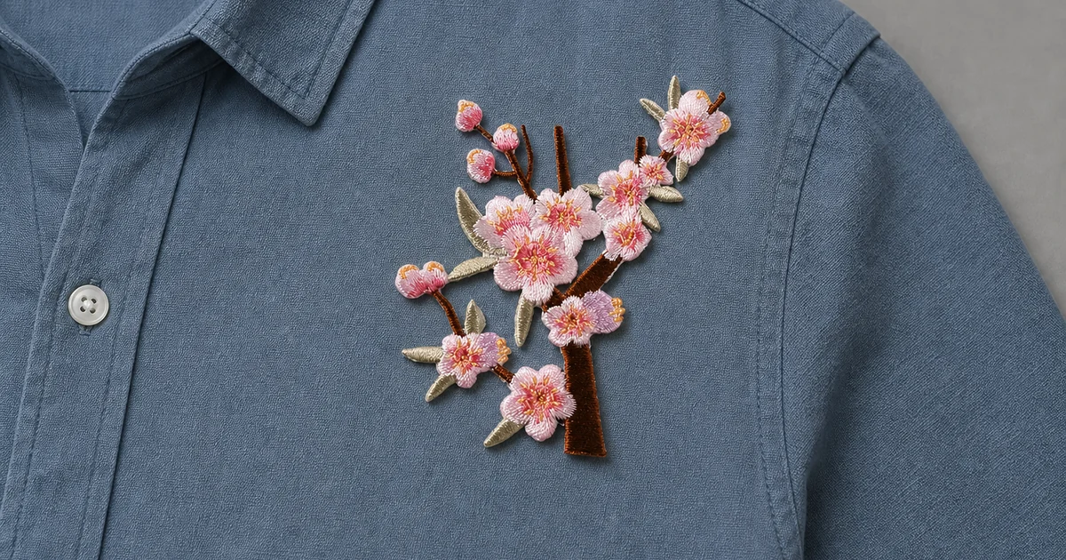 Patch rosa de flores de ameixeira, modelo 2, apoiado sem fixação em uma camisa azul