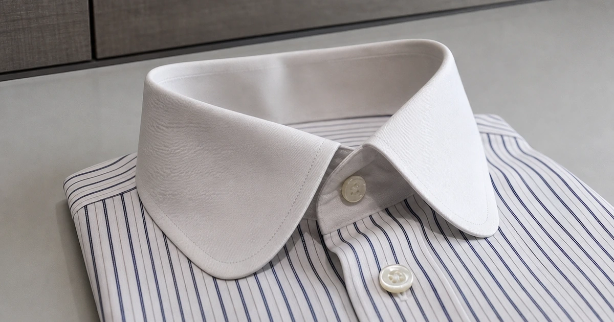 Light Blue Stripes shirt detail with a rounded white contrast collar and fine stripes on a dressing table