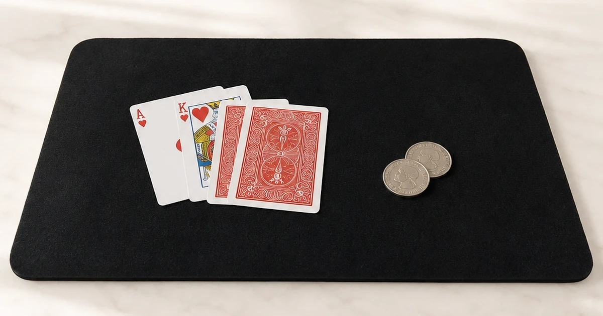 Alfombrilla negra de magia de cerca sobre una mesa, con cartas y monedas dentro de sus bordes.
