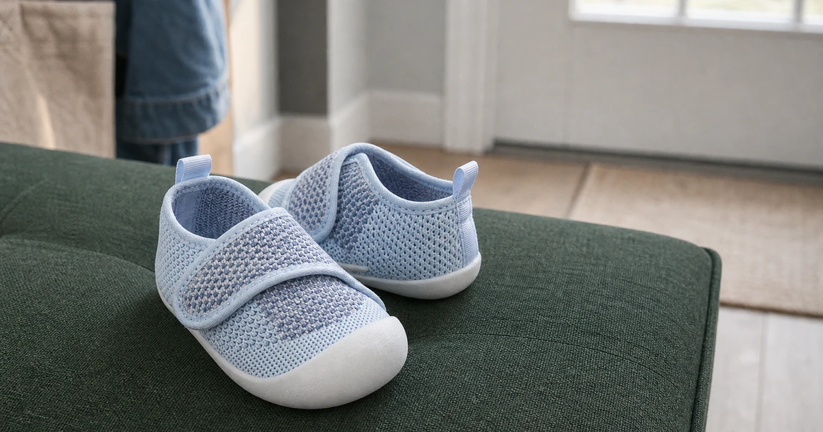 Par de sapatos de tela azul-claro para bebê com abas frontais sobrepostas e solas brancas em um banco verde.