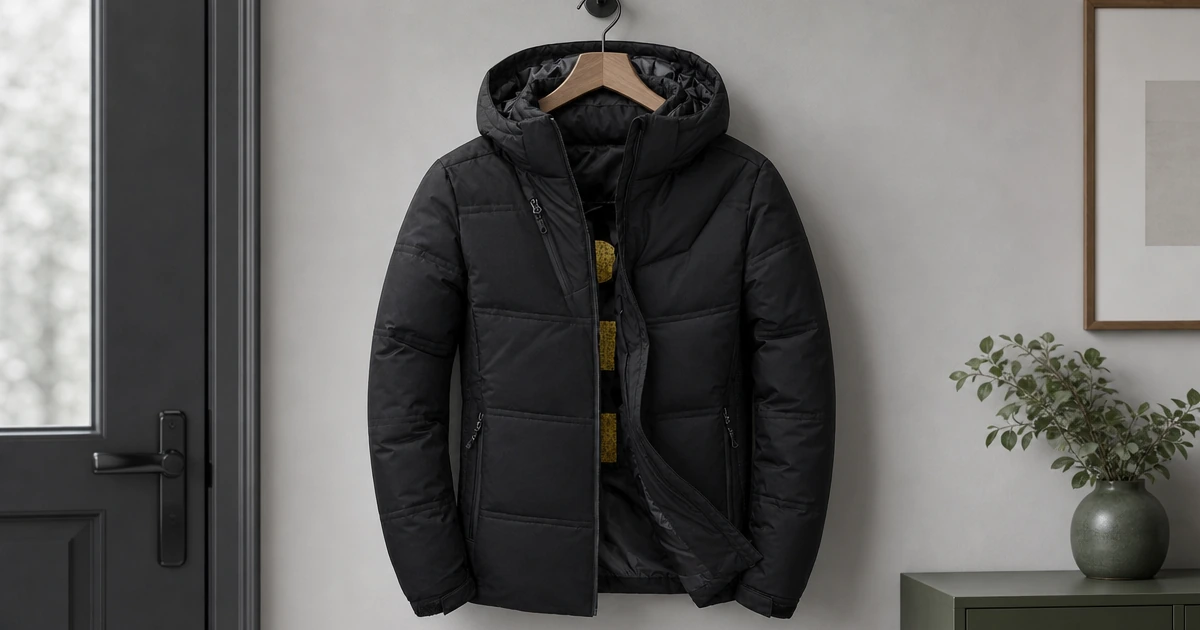 Black hooded puffer coat on a hanger in an entryway, showing the collar, quilting, zipper and hem
