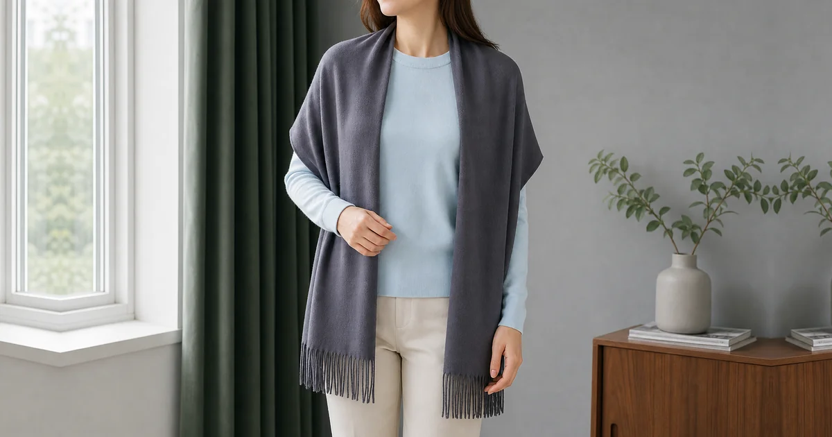 Bufanda gris rectangular sobre los hombros con flecos largos visibles