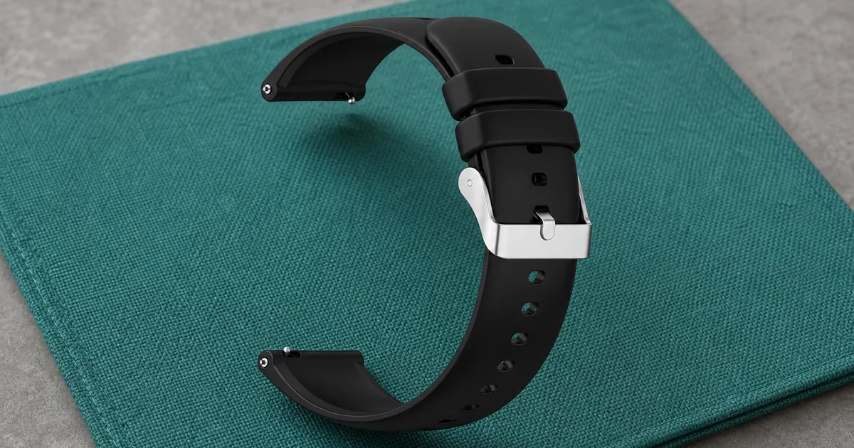 Pulseira preta de silicone com fivela prateada e dois passadores sobre um tapete verde-azulado