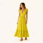 Gelbes Maxikleid mit V-Ausschnitt, Schulter-Schleifen, geraffter Taille und Volantsaum