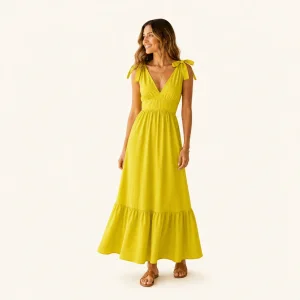 Vestido maxi con tirantes de lazo y bajo con volante para mujer