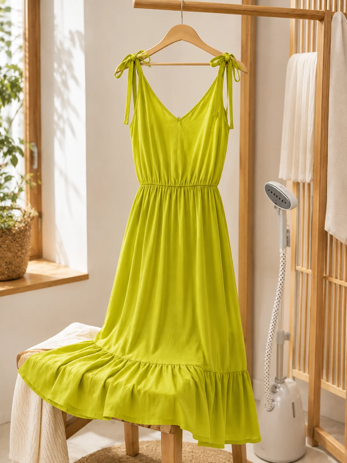 Pflegeszene für ein gelbes Polyester-Maxikleid