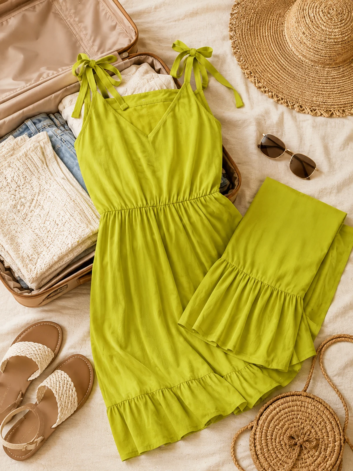 Maxikleid mit Bindetraegern zusammen mit Sommerreise-Accessoires