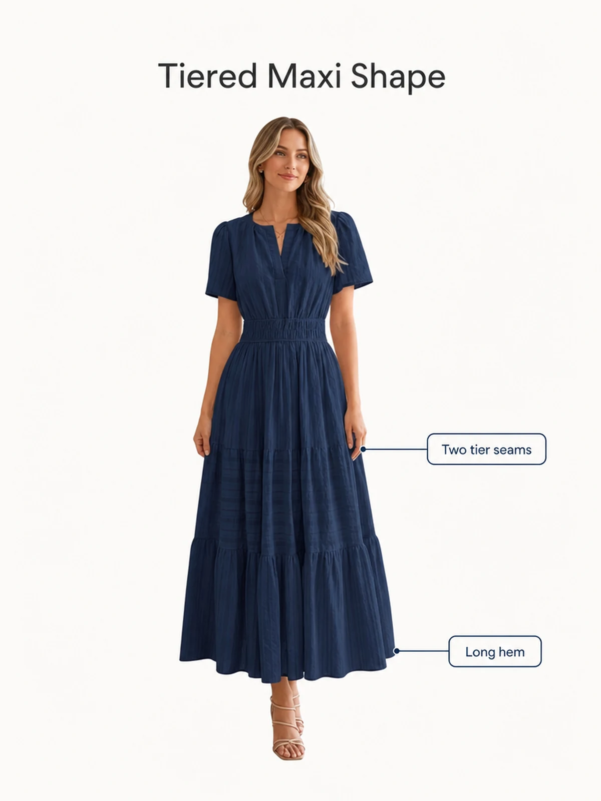 Vestido azul marino de cuerpo entero con dos costuras escalonadas y bajo largo