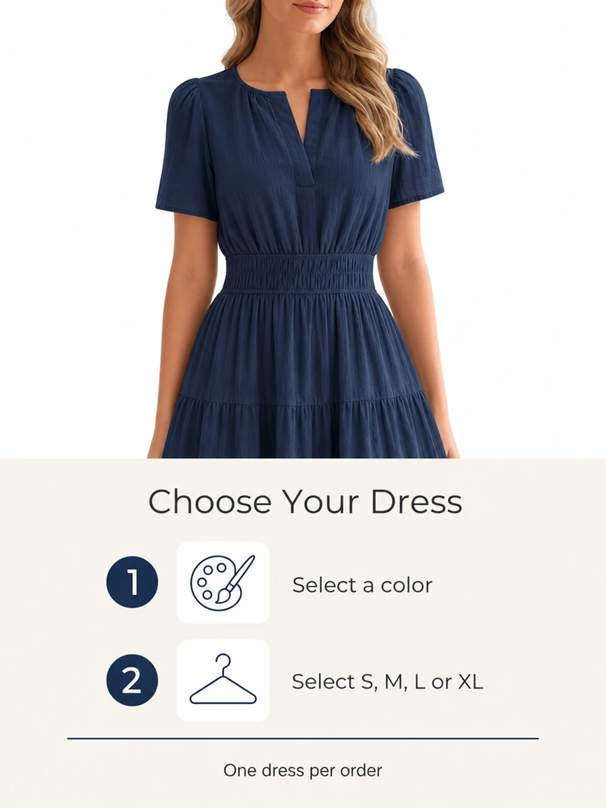 Detalle del vestido azul marino con pasos para elegir color y talla de S a XL