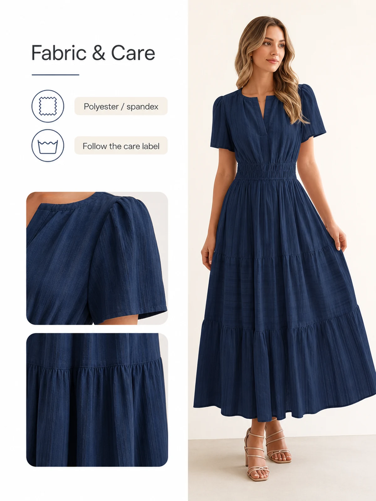 Detalles de tejido y costuras del vestido azul marino con información de poliéster, elastano y cuidado