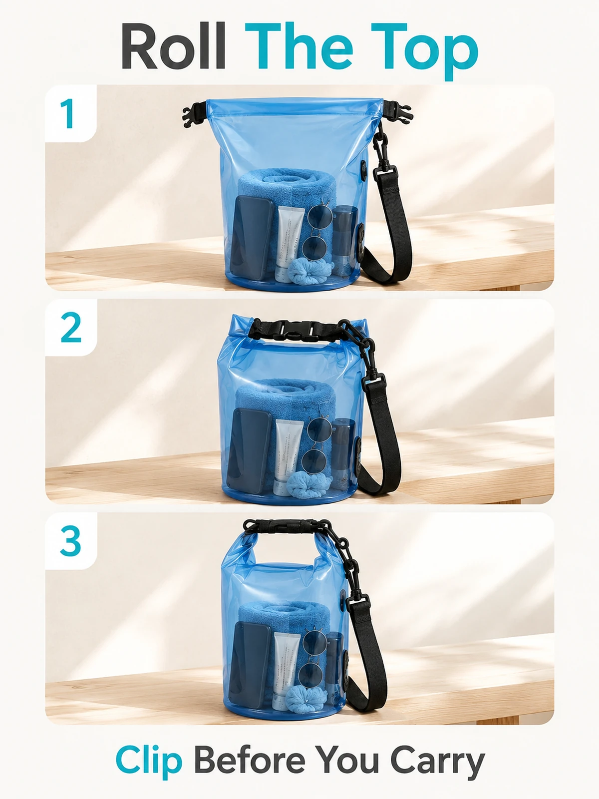 Detalle de tamaño o uso para Bolsa Seca Transparente Roll Top para Playa Kayak y Viaje