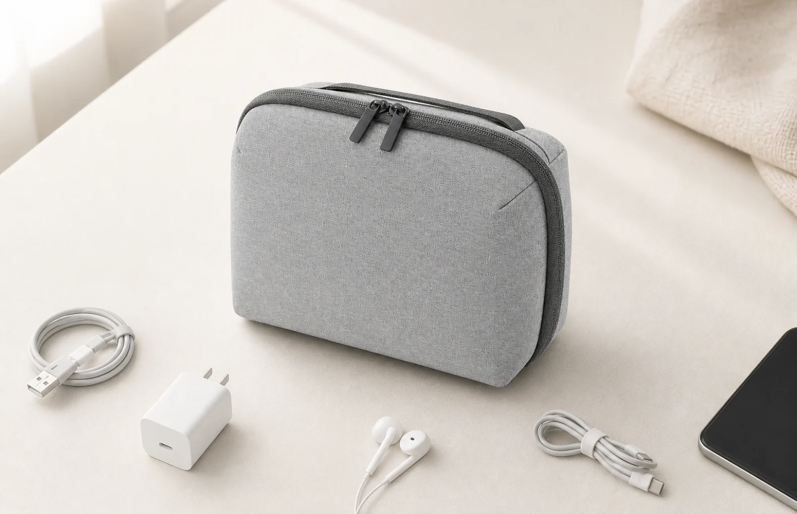 Gray travel cable organizer bag with chargers earbuds and small gadgets arranged for packing