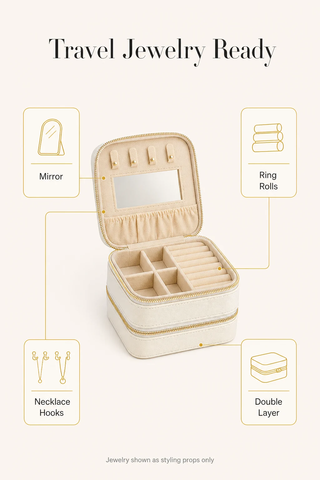 Reise Schmuckbox mit Spiegel Ringrollen Haken und doppellagiger Aufbewahrung