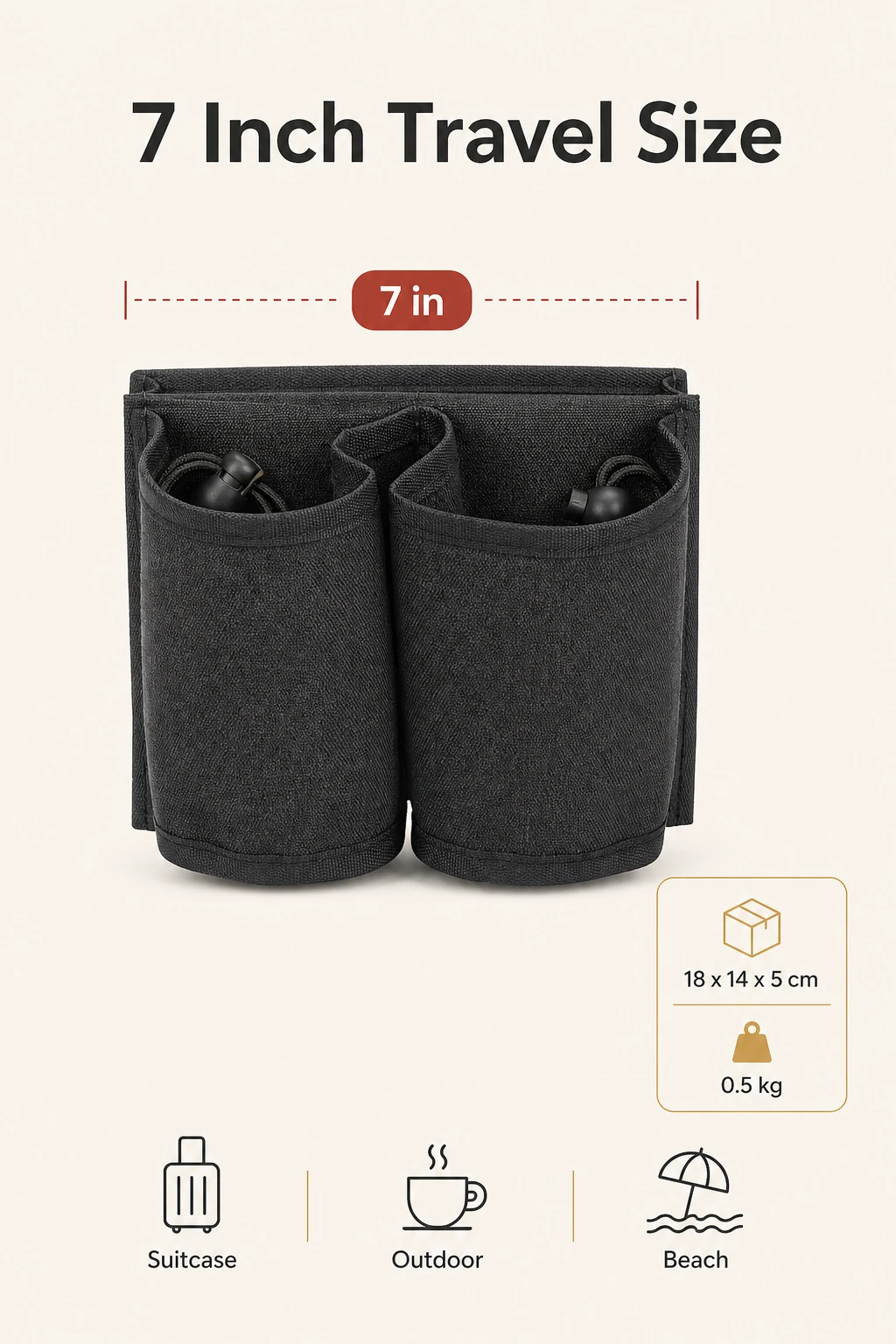 Groessen- und Paketinfografik fuer 7 Inch Koffer-Getraenkehalter-Tasche