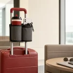 Getränkehalter für Gepäck mit Becher und Telefon am Griff eines roten Koffers neben Lounge-Sitzplätzen